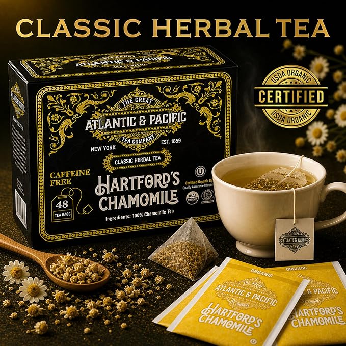 A&P Coffee Hartford’s Chamomile Tea Bags, 48 Count, Caffeine Free Herbal Tea, Soothing Bedtime Tea, Calming Relaxation Blend, Smooth Flavor, Hot or Iced Tea, Premium Herbal Infusion, Fresh Aroma