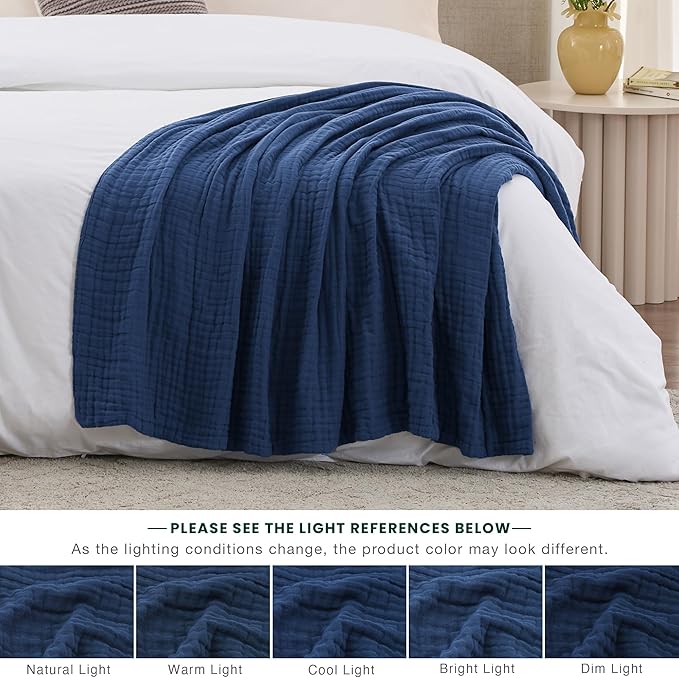Love's cabin 100% Cotton Muslin Blanket, 6 Layer Lightweight Breathable Gauze Twin Size Blanket 60 x 80 Inches, Soft Summer Blanket for Bed or Couch, Dark Blue