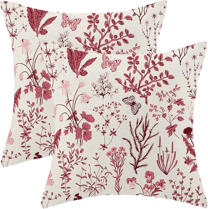 Christmas Pillow Covers 18x18 Inch Set of 2,Burgundy Red Wild Flower Plant Throw Pillows Case,Seasonal Floral Outdoor Decorative Square Linen Farmhouse Decor Cushion Covers for Home Sofa bed Couch