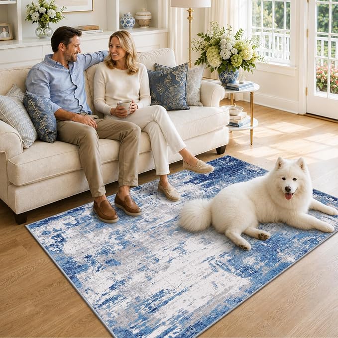 RELEANY Washable 4'x6' Abstract Area Rug for Living Room Blue Gray | carpet for bedroom, kitchen, office, hallway and entryway, printed pattern, non-slip, soft, stain-resistant, easy to clean