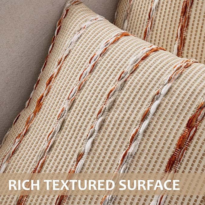 ANRODUO Boho Decorative Throw Pillow Covers Rust Stripe 20x20 Inch Set of 2 | Woven Chenille Decorative Cushion Case with Striped Farmhouse Accent Neutral Pillowcase for Couch Sofa Bed Living, Room Decor