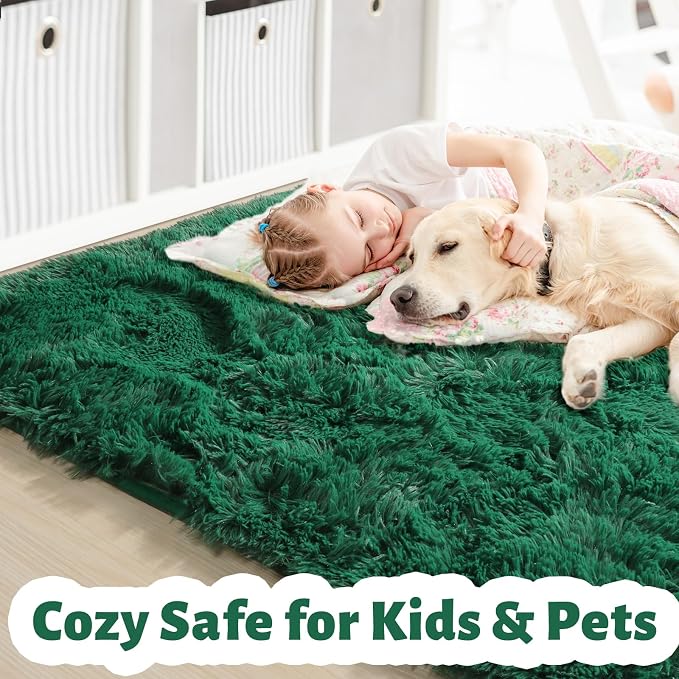 Amdrebio Dark Green Fluffy Fuzzy Area Rug 4x6 for Bedroom Living Room Dorm | Shag Plush Shaggy Christmas Kids Carpet, Classroom Nursery Decor, Vintage Rustic Farmhouse Aesthetic, Emerald Green Color