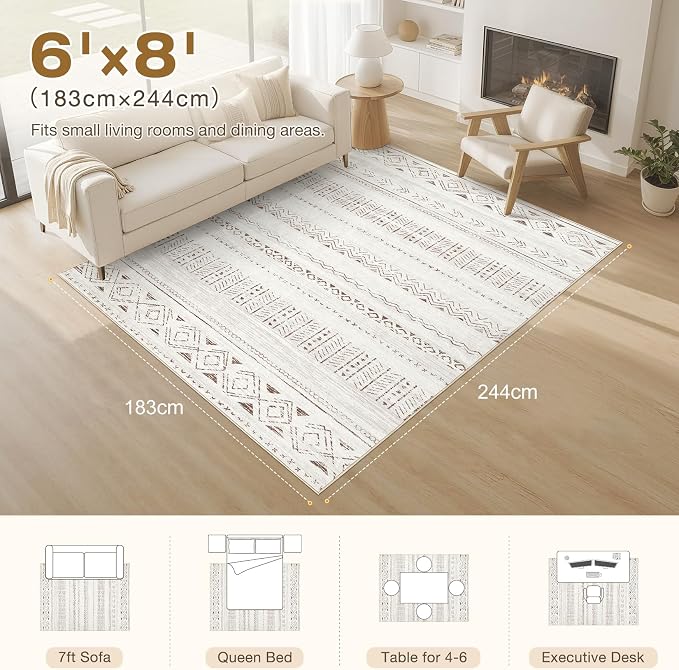 cotiled 6x8 Area Rugs Living Room Rug: Washable Boho Rugs with Non Slip Backing Large Soft Indoor Stain Resistant Carpet for Bedroom Farmhouse Dining Room Lightweight Home Decor L Brown/Cream