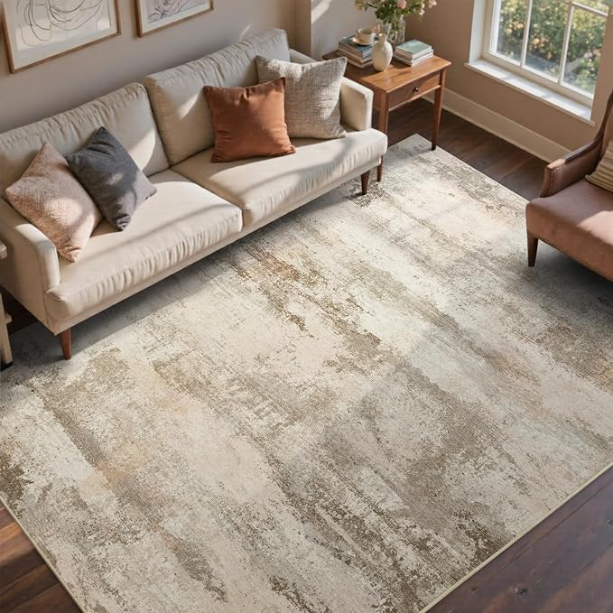9x12 Ft Extra Large Washable Area Rugs for Living Room, Soft Non-Slip Modern Abstract Print Pattern Carpet for Bedroom Indoor Floor Nursery Home Decor (Pink-Brown/Light tan)