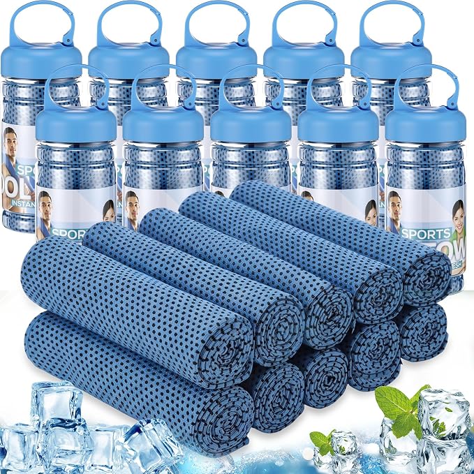 Honoson 10 Pcs Cooling Towels for Neck and Face, 47"x12" Sports Breathable Ice Towels Microfiber Chilly Sweat Rags with Portable Bottle for Gym Golf Athletes Yoga Workout Hot Weather (Dark Blue)