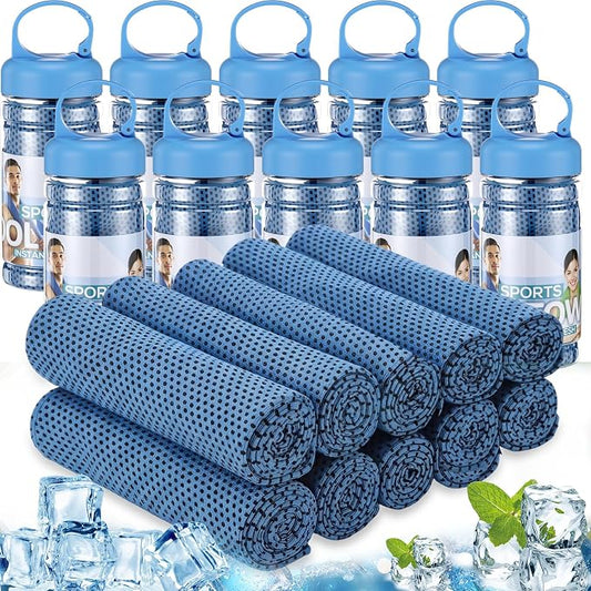Honoson 10 Pcs Cooling Towels for Neck and Face, 47"x12" Sports Breathable Ice Towels Microfiber Chilly Sweat Rags with Portable Bottle for Gym Golf Athletes Yoga Workout Hot Weather (Dark Blue)