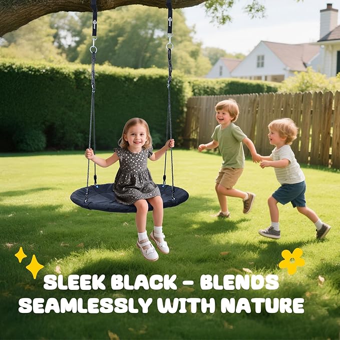 Trekassy 700lb 40 Inch Saucer Tree Swing for Kids Adults Outdoor 900D Oxford Waterproof with 2pcs Tree Hanging Straps, Steel Frame and Adjustable Ropes Black