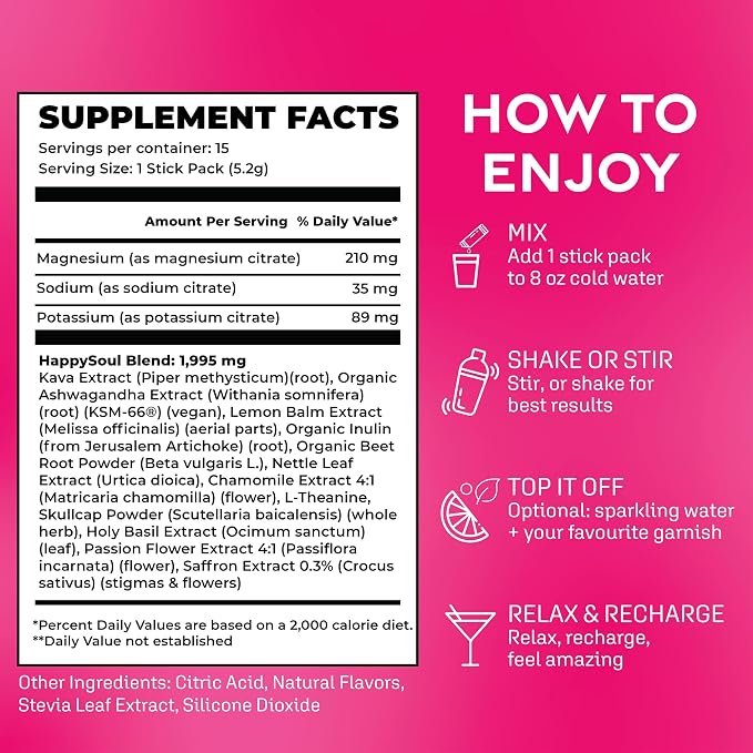 HappySoul Kava Drink Mix Powder-Alcohol Alternative for Evenings & Social Drinking - Kava Kava Mocktail for Relaxation - Adaptogen Drink with Magnesium, Ashwagandha, L-Theanine | Berry, 15 Stick Packs