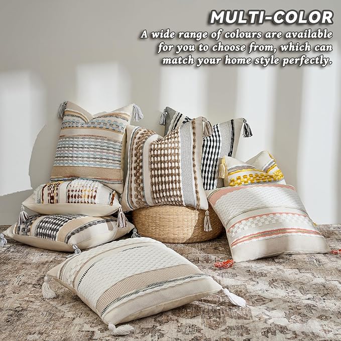 Chenille Striped Textured Boho Throw Pillow Covers Aesthetic with Tassels Woven Decorative Pillow Case for Couch Bed Sofa Bedroom Modern Funky 18 x 18-Inch Yellow