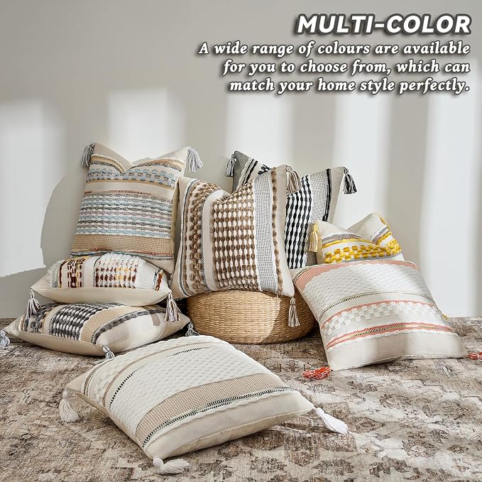 Chenille Striped Tufted Textured Boho Throw Pillow Covers Aesthetic with Tassels Woven Decorative Pillow Case for Couch Bed Sofa Bedroom Modern Funky 18 x 18-Inch Brown White