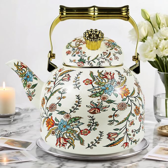 Vintage Enamel Tea Kettle Boho Floral Stovetop Teapot 2.5L Colorful Bohemian Enamel Kettle Kitchen Decor Hot Water Coffee Pot with Gold Handle