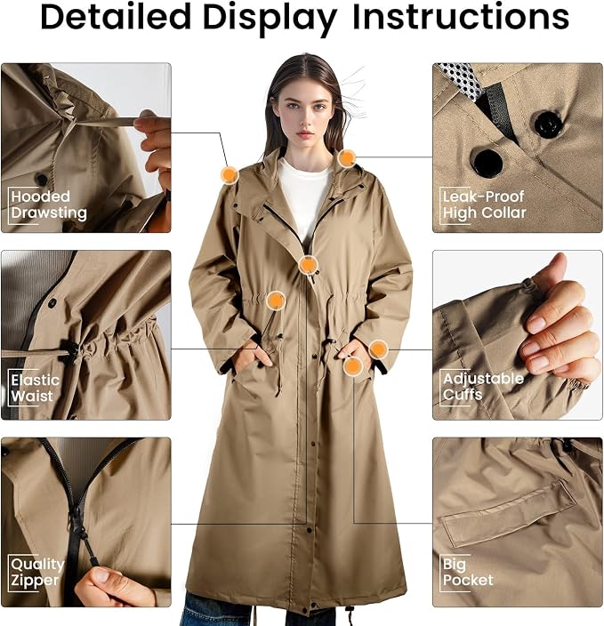 LAMA Womens Long Raincoats Rain Jacket Waterproof Packable Hooded Windbreaker Lightweight Adjustable Waist for Outdoor