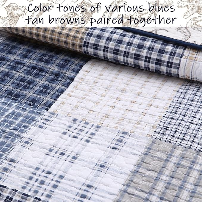 Cozy Line Home Fashions Benjamin Cute Dinosaur Plaid Navy Blue White Grey Bedding Quilt Set 100% Cotton Reversible Coverlet Bedspread Set for Kids Boy (King - 3 Piece)