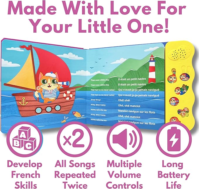 French Books for Kids Vol. 2: Musical French Baby Book Learning Toys w/ English, Lulu Learns French, Bilingual Language Interactive Toy for Toddlers, Babies, Boys, Girls & Children