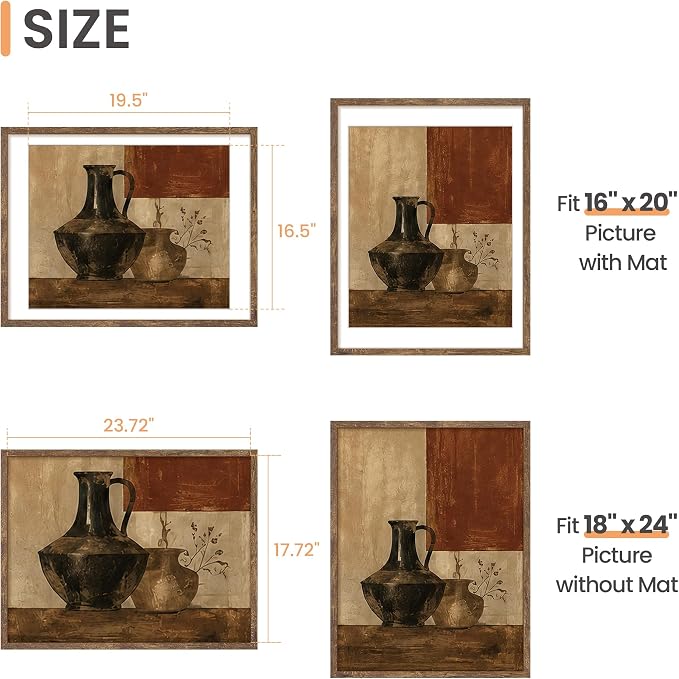upsimples 18x24 Picture Frame, Display Pictures 16x20 with Mat or 18 x 24 Without, Wall Hanging Poster Frames, Rustic Brown, 1 Pack