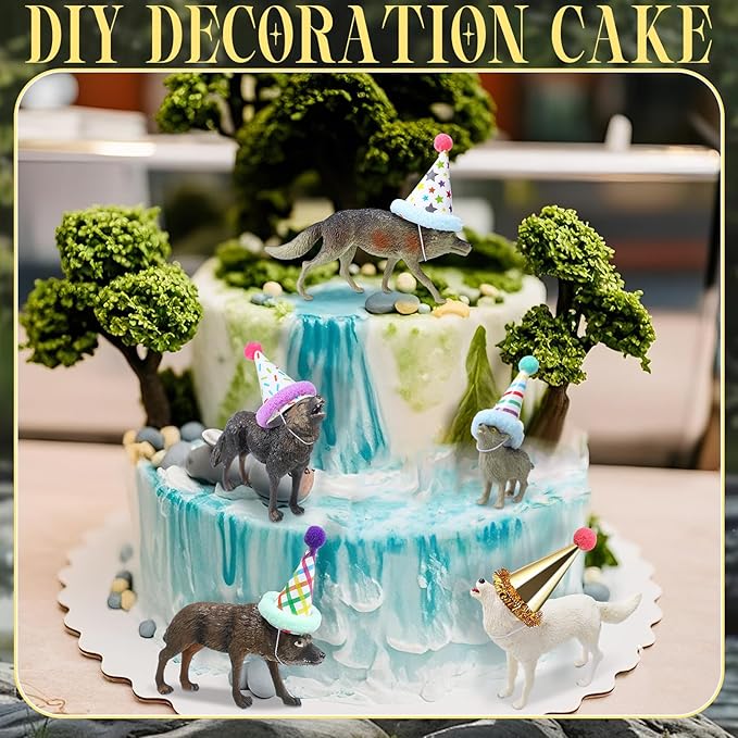 18 Pcs Wolf Miniature Birthday Hats & Figures Cake Toppers with Mini Hat for Birthday Party, Animal Themed Party