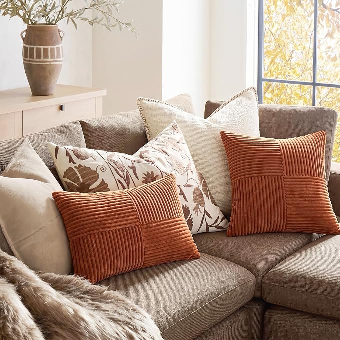 Fancy Homi 2 Packs Rust Decorative Throw Pillow Covers 16x16 Inch for Living Room Couch Bed, Rustic Farmhouse Boho Home Decor, Soft Corss Patchwork Corduroy Square Terracotta Cushion Case 40x40 cm