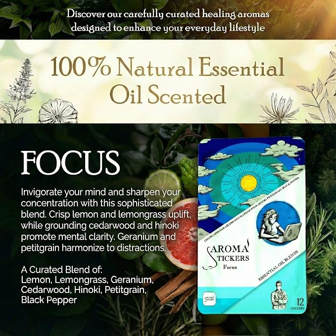 AROMA STICKERS® Original Blend Focus - 100% Natural Essential Oil Scented Stickers for Personal Space - Towels, Blankets, Face Mask & Pillow (Pack of 1, 12 Stickers)