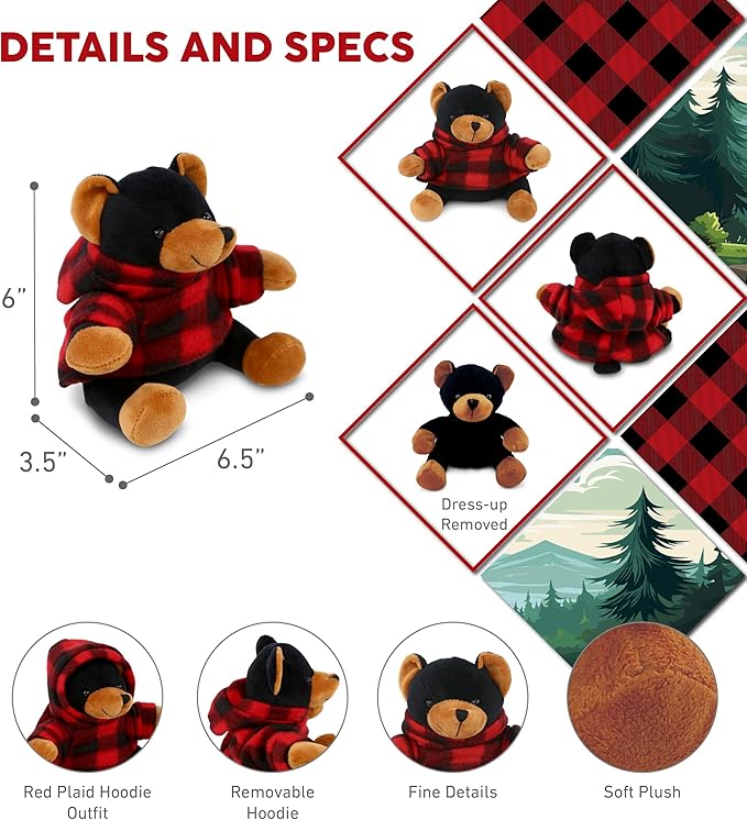 DolliBu Super Soft Black Bear Stuffed Animal with Plaid Red Hoodie Sweater and Personalization - Bear Plush Lumberjack Stuffed Toy with Plaid Jacket Dress Up for Christmas, Holiday, Winter - 6 Inches