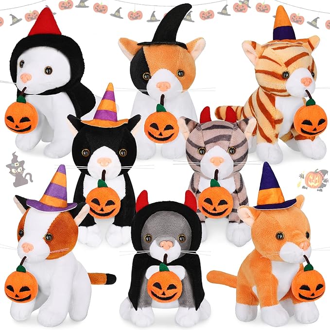 Sumind 8 Pcs Cat Stuffed Animals Bulk Plush Pets 5 Inch Cute Assorted Plush Cats Horse for Birthday Halloween Christmas Party Favors Favors(Creep Cat)