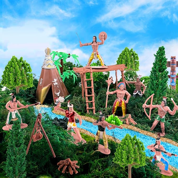 Native American Figurines Set 43 Pcs Plastic Miniature Indian Figure Toys Indian Figurines for Kids Includes Moss, Trees, Sand, Stones, Indians Action Figures for Projects Diorama Decor Birthday Gift