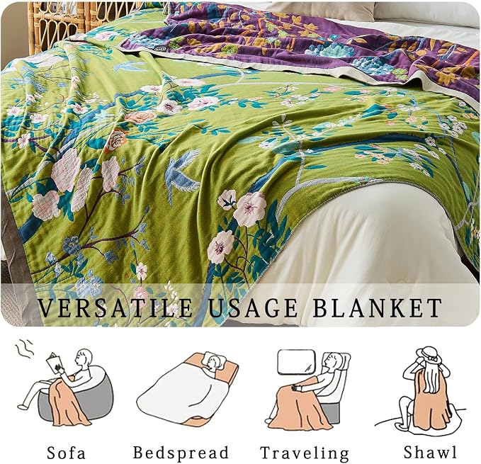 Boho Throw Blanket Farmhouse Decor Throw Blanket Bohemian Blanket for Bed 100% Cotton Muslin Woven Couch Blanket All Seasons Quilt Bedroom (I-Green, 60"x80")
