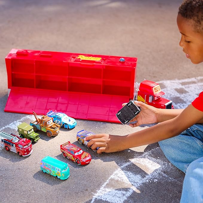 Disney Store Official Mack Hauler Play Set - Light & Sound Mack Carrier with 8 Pullback Die Cast Vehicles - Red, Fillmore, Lightning McQueen, Bobby Swift, Cal Weathers, Sarge, Sheriff & Tow Mater