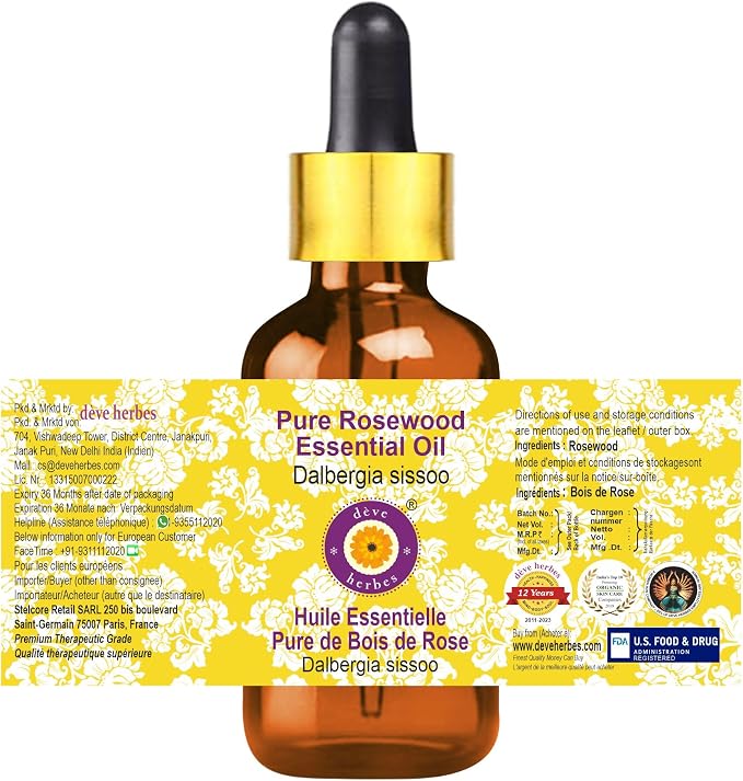 dève herbes Rosewood Essential Oil (Dalbergia Sissoo) with Glass Dropper | Pure | Non-Sticky | Non-Greasy | Lightweight | Men & Women | All Skin Types | Steam Distilled 15ml (0.5 oz)