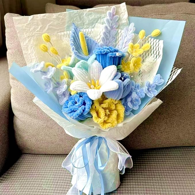 ASTARON 521 Pcs Pipe Cleaners Craft Set, 5 Colors Pipe Cleaners Bulk Pastel Chenille Stems for Craft Pipe Cleaner Flowers Making Kit with Floral Wires, Gardening Tape (Blue Yellow Series)