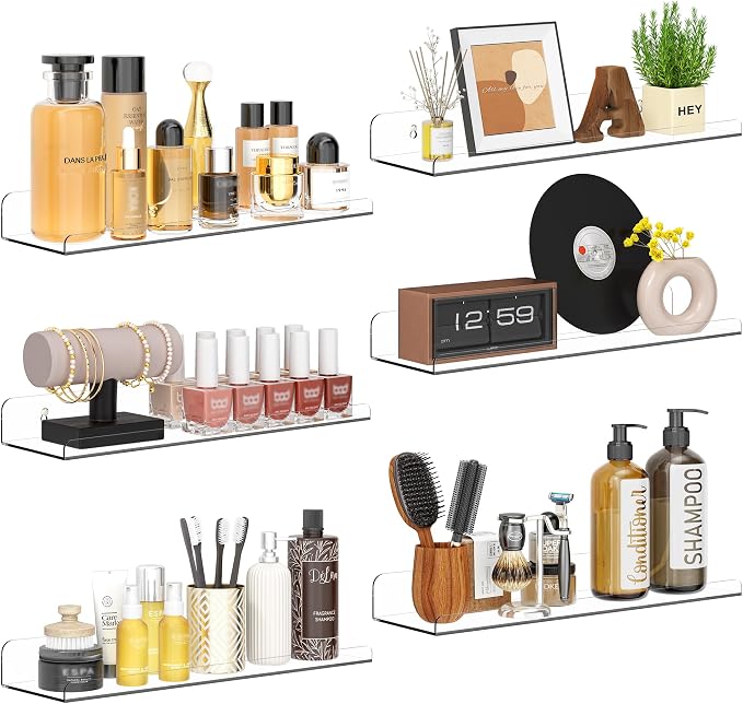 Qukaka Floating Shelves for Wall Decor, 15" Extra Clear Wall Shelves for Bedroom, Living Room, Kitchen, Bathroom Decor, Nail Polish/Book/Decoration/Makeup/Perfume Organizer Floating Shelf-6Pack