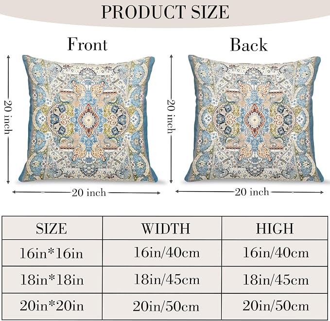 Boho Floral Throw Pillow Covers 20x20 inch Set of 2,Blue Boho Rug Geometric Floral Pattern Decor Double Sided Pattern Cushion Cover Soft Pillow Case Living Sofa Room Bed Square Pillow Cover