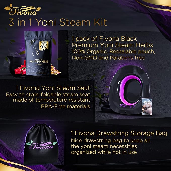 Fivona 3-in-1 Yoni Steam Kit Black - Foldable Over the Toilet Steamer Seat with Herbal Blend and Storage Bag - Effective Detox pH Balance Cleansing and Relaxation - At Home V-SPA