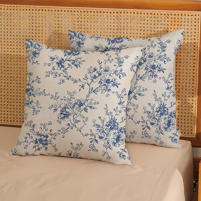 Blue and Cream Flower Pillow Covers 18x18 Set of 2 Chinoiserie Floral Decorative Throw Pillows Vintage Toile Flower Pillowcase Linen Outdoor Farmhouse Cushion Cover for Couch Sofa Decor