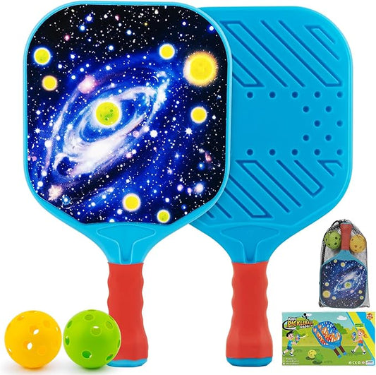 Kids Pickleball Paddles Outdoor Toys for Kid Ages 4 5 6 7 8 Year Old Boy Girl Stocking Stuffers, Beginner Easy to Use Yard Ball Games Set of 2, Lightweight Grip for Small Hands