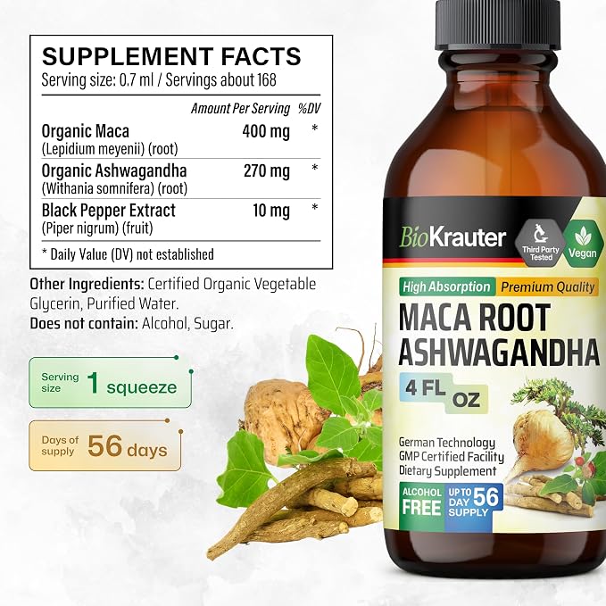 BIO KRAUTER Maca Root and Ashwagandha Tincture - Maca & Ashwagandha Supplements for Men & Women - Adaptogenic Liquid Supplement for Mood Support - Alcohol and Sugar Free Vegan Drops 4 Fl.Oz.