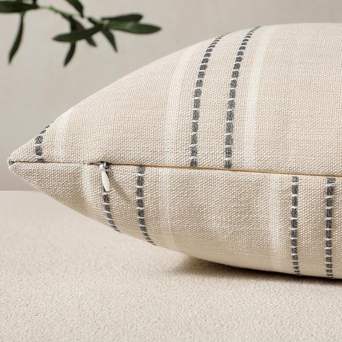 Hckot Stripe Throw Pillow Covers 26x26 Large Square Grey Pillow Covers | Farmhouse Decorative Pillows Textured Linen Euro Sham Cushion Covers for Sofa Couch Bed Living Room Decor