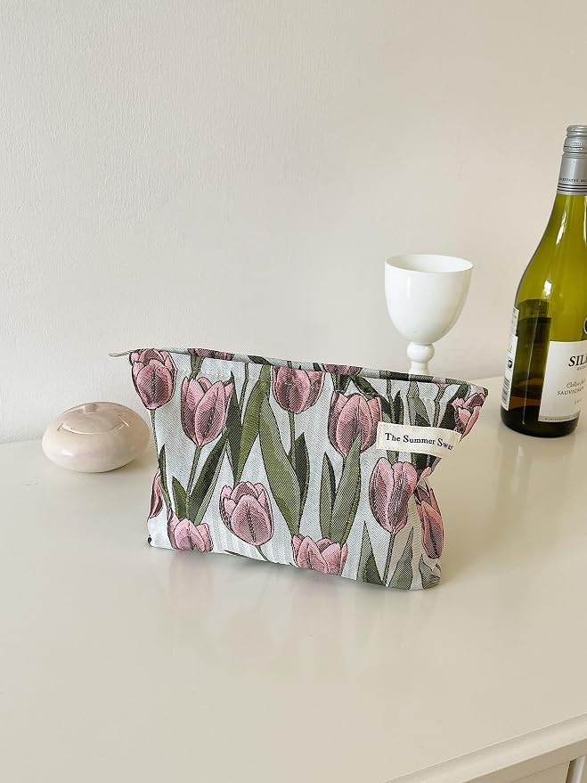 The Summer Swan | Large Aesthetic Makeup Bag Floral Mid-day Clutch Period Kit Hygiene Skincare Cute (Burgundy Tulip)