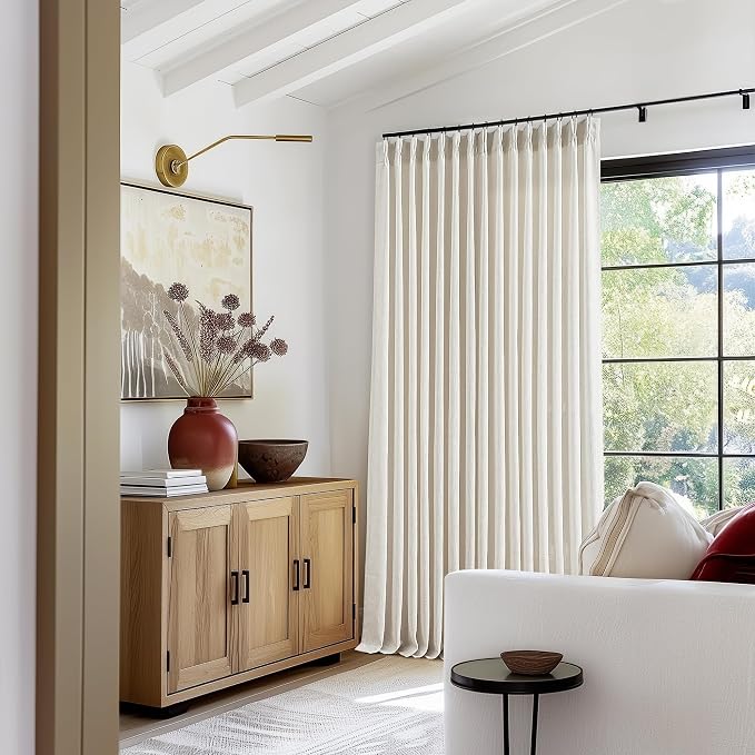 Extra Wide Pinch Pleat Linen Curtains 108 Inches Long for Living Room Sliding Glass Door 100 Inch Wide Semi Sheer Curtain Cream Ivory Pleated Drape Hooks Rings 100x108 Large Window Curtain 1 Panel