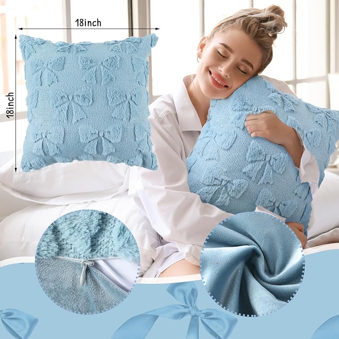 Mixweer Blue Bow Pillow Covers Set of 2 Preppy Room Decor Coquette Cute Spring Summer Decorative Faux Fur Soft Bowknot Stuff Fluffy Plush Aesthetic Pillowcase for Bed Sofa Couch (18 x 18 Inch)