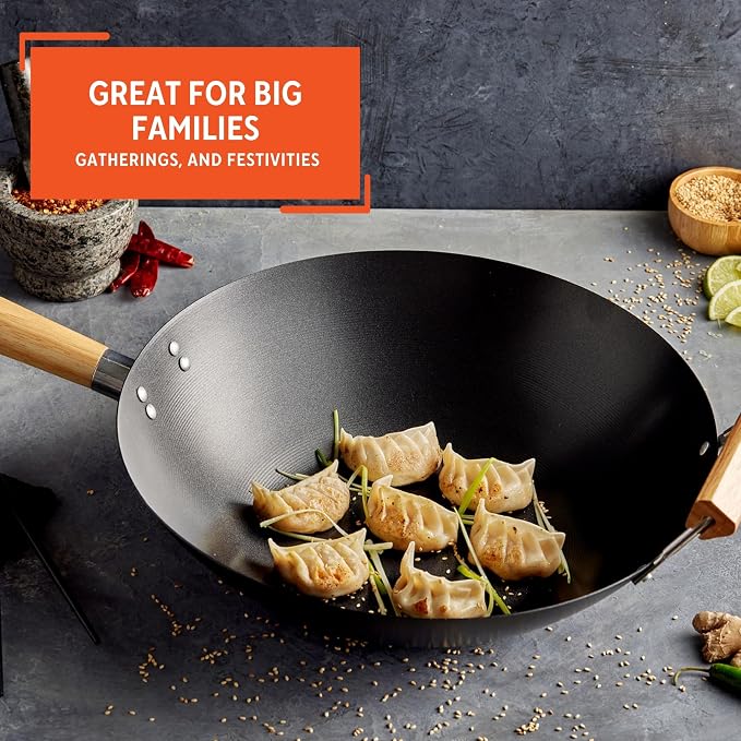 IMUSA 14 Inch Carbon Steel Nonstick Wok with Wood Handles, Black | Heats Quickly, Great for Healthy Family Meals