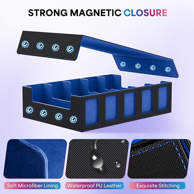 UAONO Trading Card Storage Box with Commander Display;3900+ Card Box for MTG, Removable Cover; 5 Row Case fits MTG TCG Sports Cards 48 Dividers,5 Stoppers,5 Top Loaders,1 Dice Box(Black, Blue)