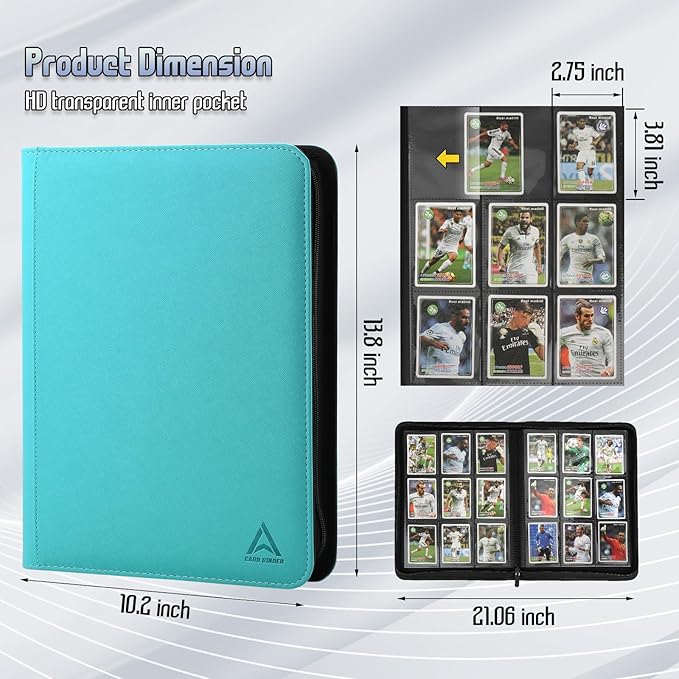 Arkeiliy Card Binder 9 Pocket, Double Sided Pockets Trading Card Binder with 30 Sleeves, Premium Zip Trading Card Holder Collector Album Holds 540 MTG (turquoise)