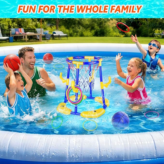 Pool Basketball Hoop Floating with Anti-Tip & Anti-Drift Design, Basketball & Ring Toss Pool Toys for Kids Ages 4-8, 8-12, Summer Outdoor Water Toys Pool Games for Adults and Family