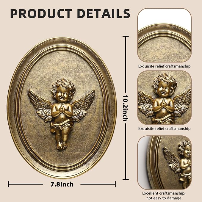 Newinhome Vintage Cherub Wall Sculpture Antique Wall Decor Hand Painted with Embossed Cherub Design, Oval Aesthetic Room Decor, Vintage Decoration for Living Room Hallway and Bedroom,Unique Gifts