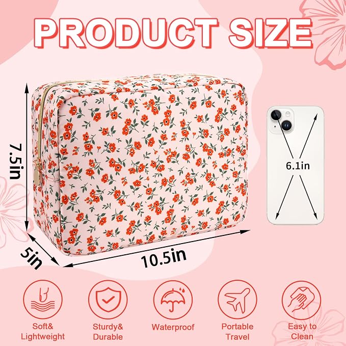 UIXIZQ Waterproof Large Floral Makeup Pouch,Nylon Travel Toiletry Storage Purse Preppy Cosmetic Bag for Women Girl,Large Capacity Makeup Organizer Zipper Pouch for Work(L Pink-Flowers)