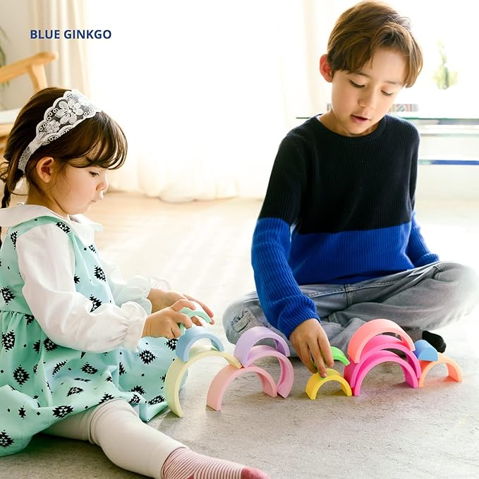 BLUE GINKGO Silicone Rainbow Stacker - Montessori Nesting Puzzle | Kids and Toddler | Stacking Sensory Toys - 10 Layers (Vibrant)