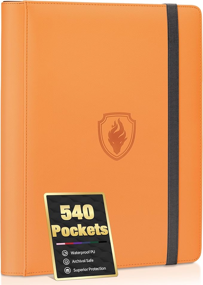Premium 9 Pocket Card Binder for 540 Cards, Fabmaker PU Cover Trading Card Binder, Sturdy Card Collection Album, Sleek Card Holder Folders for Game Cards & Sports Cards, Orange