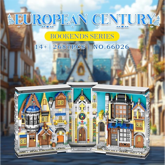 Medieval Architecture Book Nook Building Set with Light, European Century Street View Bookend, DIY Bookshelf Building Block Kit for Home Decor, House Model for Adults Kids Boys Girls Age 8+