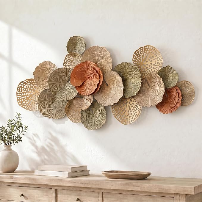 Axioglo 51" Large Wall Decor 3D Lotus Leaf Metal Wall Art for Living Room | 51" x 25" metal wall decor with layered metal texture, mounting hardware, two-way display