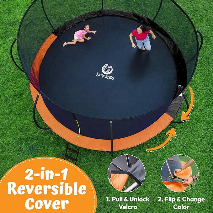 JUMPZYLLA Trampoline Outdoor 8FT 10FT 12FT 14FT 15FT 16FT with Enclosure and Ladder, ASTM Approved Recreational Trampoline for Kids and Adults, Anti-Rust Coated Frame
